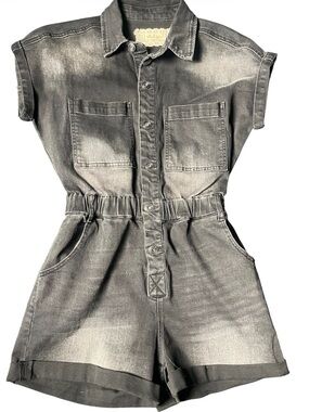 Charcoal Black Denim Utility Romper – Y2K Cargo Shorts Romper, Button-Front